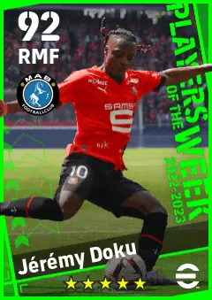 Jeremy Doku eFootball 2026 player card — 92 OVR RMF