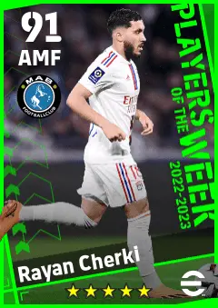 Rayan Cherki eFootball 2026 player card — 91 OVR AMF