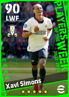 Xavi Simons eFootball 2026 player card — 90 OVR LWF