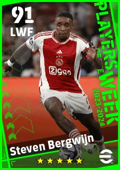 Steven Bergwijn eFootball 2026 player card — 91 OVR LWF
