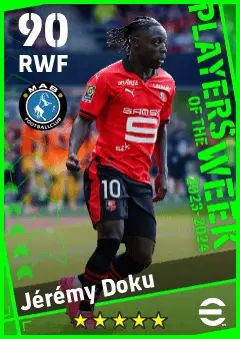 Jeremy Doku eFootball 2026 player card — 90 OVR RWF