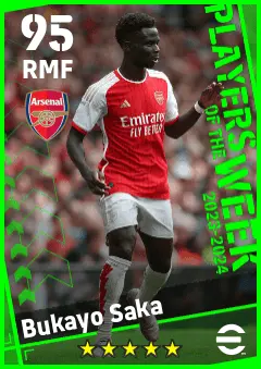 Bukayo Saka eFootball 2026 player card — 95 OVR RMF