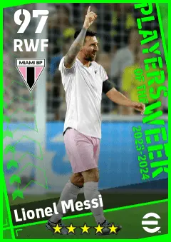 Lionel Messi eFootball 2026 player card — 97 OVR RWF