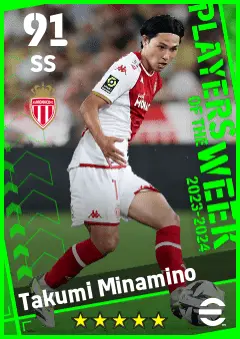 Takumi Minamino eFootball 2026 player card — 91 OVR SS