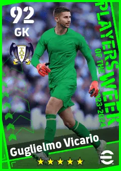 Guglielmo Vicario eFootball 2026 player card — 92 OVR GK