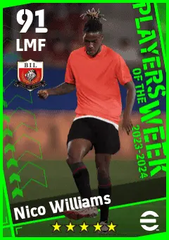 Nico Williams eFootball 2026 player card — 91 OVR LMF