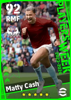 Matty Cash eFootball 2026 player card — 92 OVR RMF