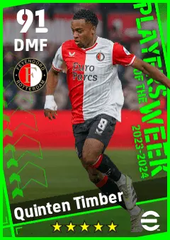 Quinten Timber eFootball 2026 player card — 91 OVR DMF