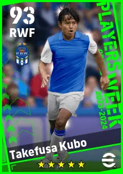 Takefusa Kubo eFootball 2026 player card — 93 OVR RWF