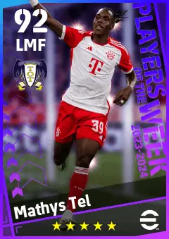 Mathys Tel eFootball 2026 player card — 92 OVR LMF