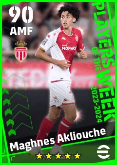 Maghnes Akliouche eFootball 2026 player card — 90 OVR AMF