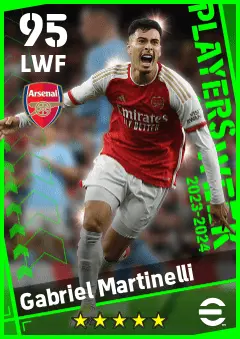 Gabriel Martinelli eFootball 2026 player card — 95 OVR LWF