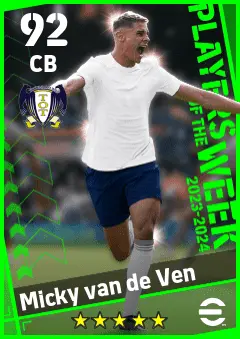 Micky van de Ven eFootball 2026 player card — 92 OVR CB