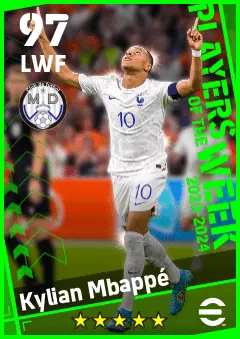 Kylian Mbappe eFootball 2026 player card — 97 OVR LWF