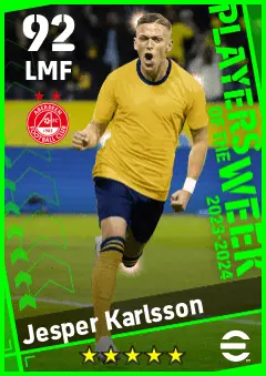 Jesper Karlsson eFootball 2026 player card — 92 OVR LMF