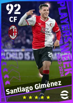 Santiago Gimenez eFootball 2026 player card — 92 OVR CF