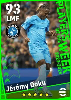 Jeremy Doku eFootball 2026 player card — 93 OVR LMF