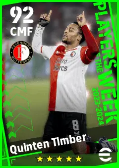 Quinten Timber eFootball 2026 player card — 92 OVR CMF