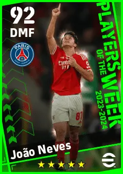 Joao Neves eFootball 2026 player card — 92 OVR DMF