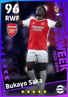 Bukayo Saka eFootball 2026 player card — 96 OVR RWF