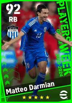 Matteo Darmian eFootball 2026 player card — 92 OVR RB
