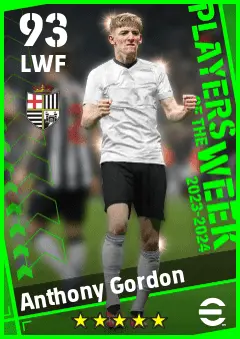 Anthony Gordon eFootball 2026 player card — 93 OVR LWF