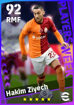 Hakim Ziyech eFootball 2026 player card — 92 OVR RMF