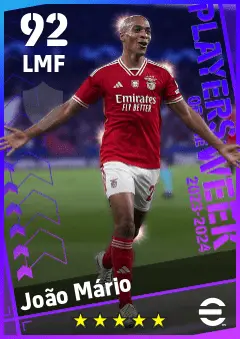 Joao Mario eFootball 2026 player card — 92 OVR LMF