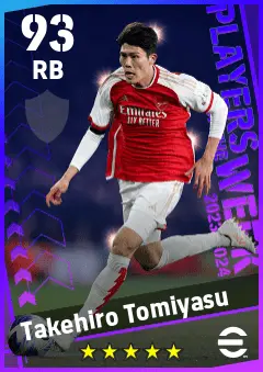 Takehiro Tomiyasu eFootball 2026 player card — 93 OVR RB