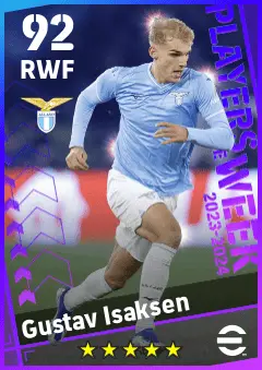 Gustav Isaksen eFootball 2026 player card — 92 OVR RWF