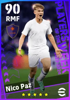 Nico Paz eFootball 2026 player card — 90 OVR RMF