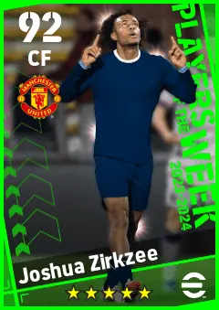 Joshua Zirkzee eFootball 2026 player card — 92 OVR CF