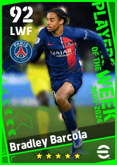Bradley Barcola eFootball 2026 player card — 92 OVR LWF