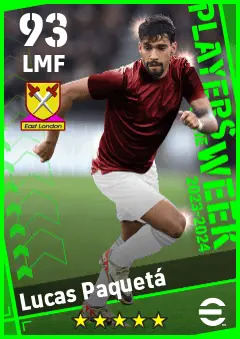 Lucas Paqueta eFootball 2026 player card — 93 OVR LMF