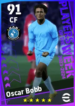 Oscar Bobb eFootball 2026 player card — 91 OVR CF