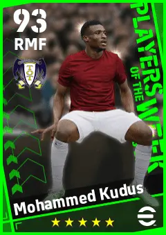 Mohammed Kudus eFootball 2026 player card — 93 OVR RMF