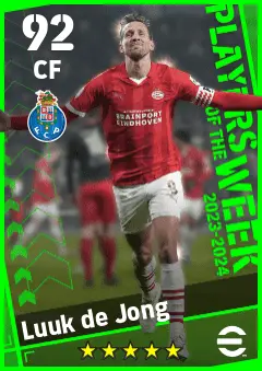 Luuk de Jong eFootball 2026 player card — 92 OVR CF