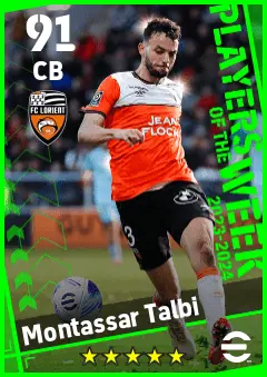 Montassar Talbi eFootball 2026 player card — 91 OVR CB