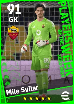 Mile Svilar eFootball 2026 player card — 91 OVR GK