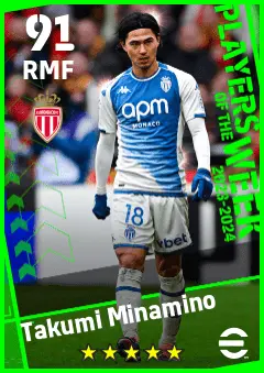 Takumi Minamino eFootball 2026 player card — 91 OVR RMF