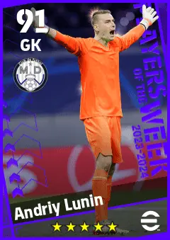 Andriy Lunin eFootball 2026 player card — 91 OVR GK