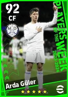 Arda Guler eFootball 2026 player card — 92 OVR CF