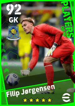 Filip Jorgensen eFootball 2026 player card — 92 OVR GK