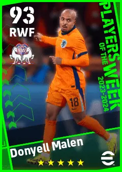 Donyell Malen eFootball 2026 player card — 93 OVR RWF