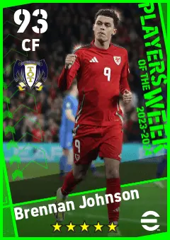 Brennan Johnson eFootball 2026 player card — 93 OVR CF
