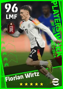 Florian Wirtz eFootball 2026 player card — 96 OVR LMF