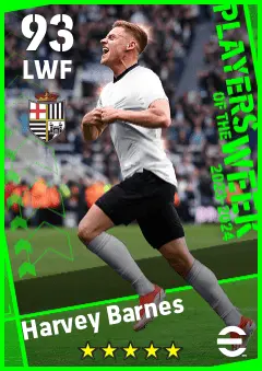 Harvey Barnes eFootball 2026 player card — 93 OVR LWF