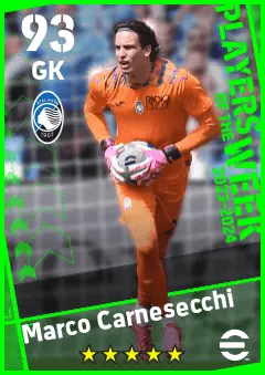 Marco Carnesecchi eFootball 2026 player card — 93 OVR GK