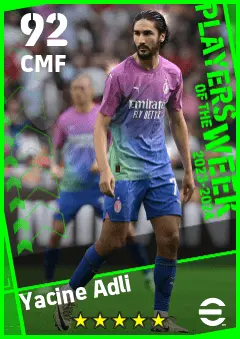 Yacine Adli eFootball 2026 player card — 92 OVR CMF