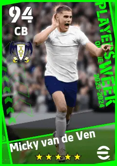 Micky van de Ven eFootball 2026 player card — 94 OVR CB